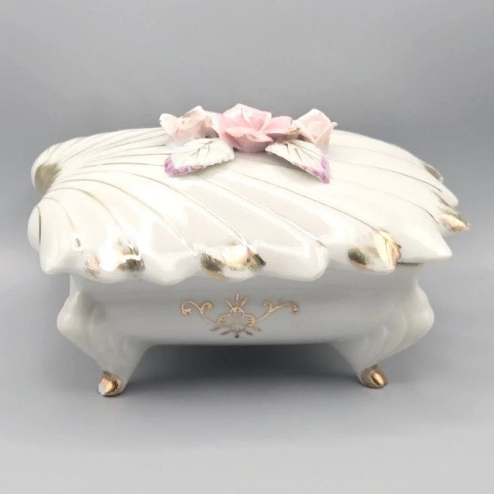 Vintage 1960s Porcelain Trinket Box Shell Hand Painted Rose Design Made in Japan